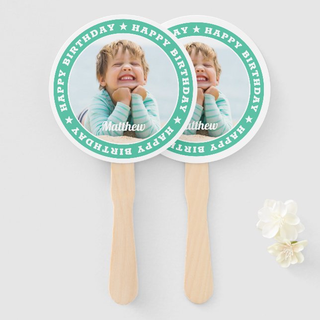 Happy Birthday Simple Modern Custom Photo Hand Fan (Front and Back)