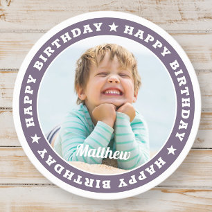 Happy Birthday Simple Modern Custom Photo Round Paper Coaster