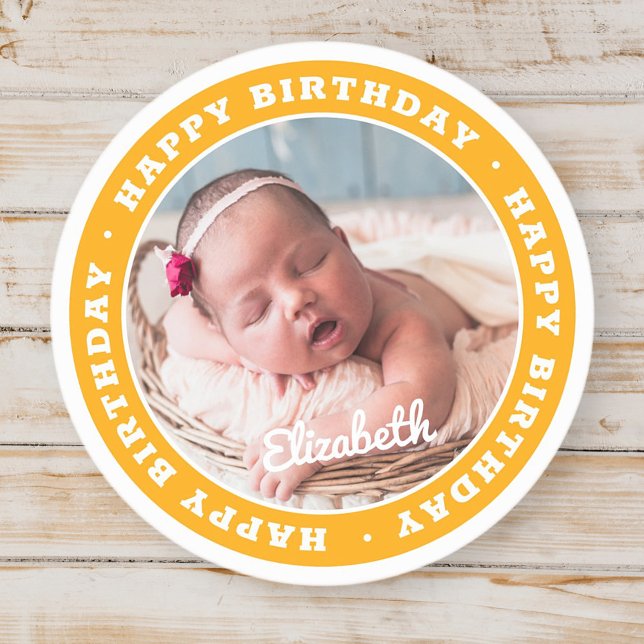 Happy Birthday Simple Modern Photo Classic Round Sticker (Creator Uploaded)