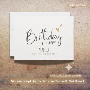Happy Birthday Simple Script Gold Heart Card