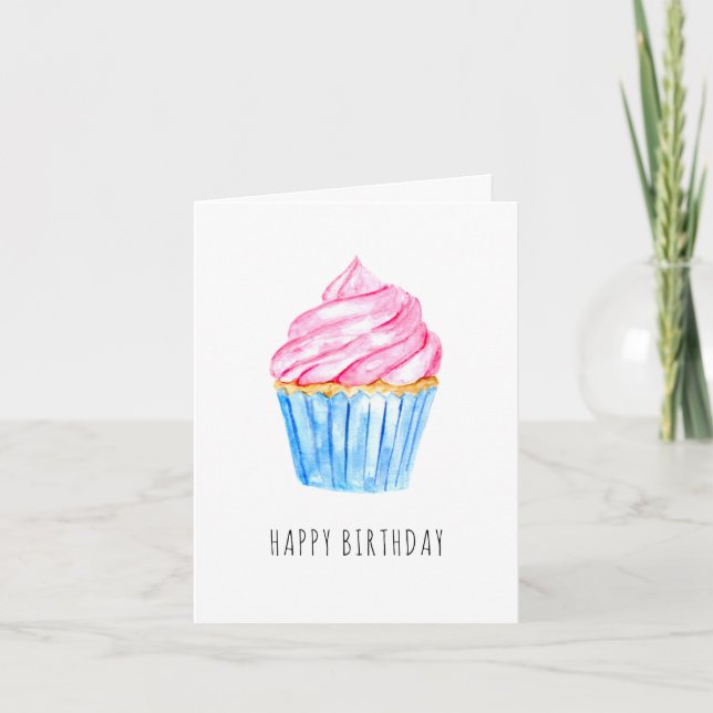 Happy Birthday simple watercolor cupcake cute Thank You Card (Front)