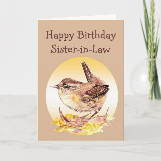 Happy Birthday Sister-in-Law Watercolor Wren Bird Card (Front)