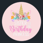 happy Birthday Sister Unicorn Party Pink Classic Round Sticker<br><div class="desc">happy Birthday Sister Unicorn Party Pink Spiritual, Metaphysical, Mystical, Fantasy, uniquely designed - customise your own. Our stickers are as sweet as they look, and a delightful addition to your birthday party or school books. Place them with any thank you bags, or favours as a lovely way to celebrate with...</div>