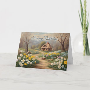 Happy Birthday Small Cabin and Spring Garden  Card