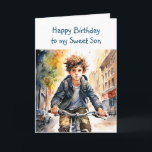 Happy Birthday Son | Boy on Bike in City Card<br><div class="desc">Cute personalised birthday card for a son. Boy riding his bike down the city streets.</div>