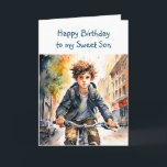 Happy Birthday Son | Boy on Bike in City Card<br><div class="desc">Cute personalised birthday card for a son. Boy riding his bike down the city streets.</div>