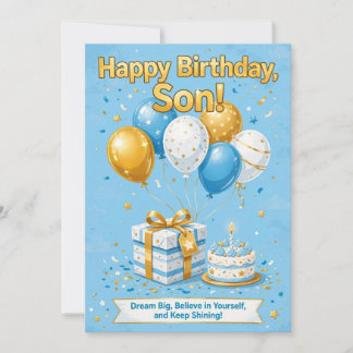 Happy Birthday Son Card - Blue Gold Balloons Cake