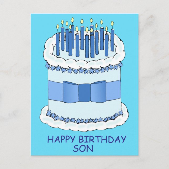 Happy Birthday Son Cartoon Cake and Candles Postcard (Front)