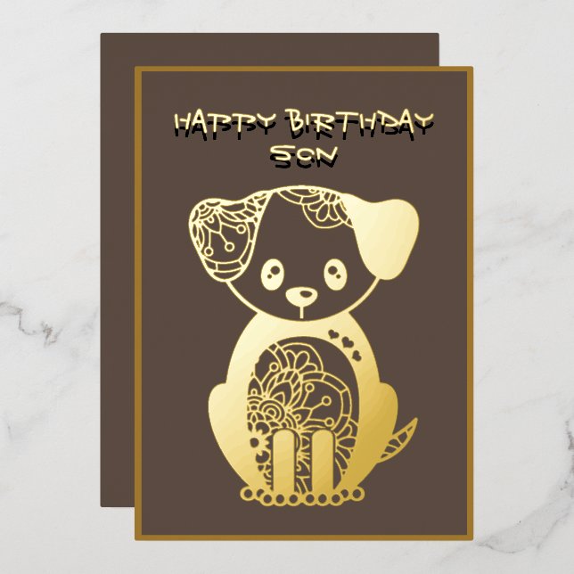 Happy Birthday Son Gold Foil Puppy Dog  (Front/Back)