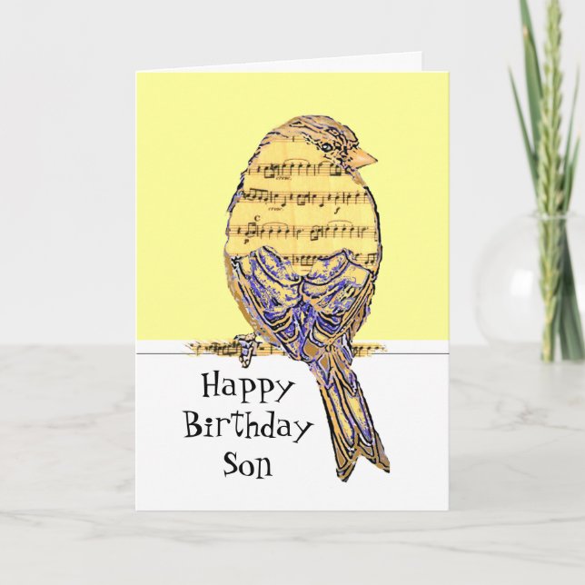 Happy Birthday Son Musician Fun Music Note Bird Card (Front)