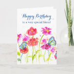 Happy Birthday Special Friend Blue Butterflies Card<br><div class="desc">A bright and cheerful birthday card to a very special friend decorated with colourful wildflowers painted in shades of pink and red watercolor with blue butterflies.  Lovely way to say happy birthday!</div>