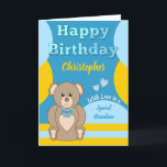 Happy Birthday special Grandson teddy bear blue Card<br><div class="desc">Personalise this Happy Birthday Card for a special Grandson.
Designed in blue,  yellow and brown,  with a cute teddy bear.
Add a name and your message.
Happy Birthday
With Love</div>