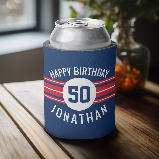 Happy Birthday Sports Jersey Stripes Name and Age Can Cooler (Personalized Can Cooler - add Your Name or Other Custom Text)