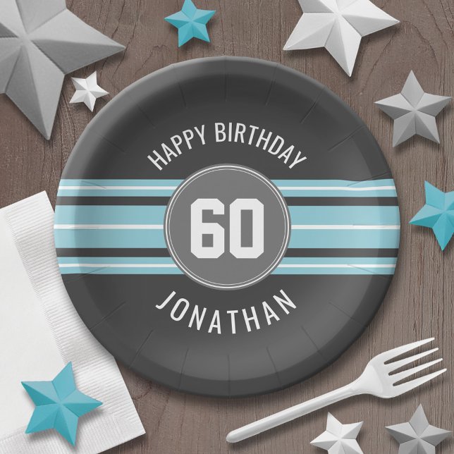 Happy Birthday Sports Jersey Stripes Name and Age Paper Plate (Personalized party plates - sports theme for birthday or any occasion)