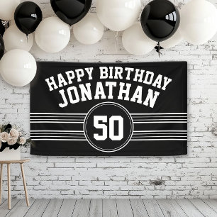 Happy Birthday Sports Stripes Age Black White Banner