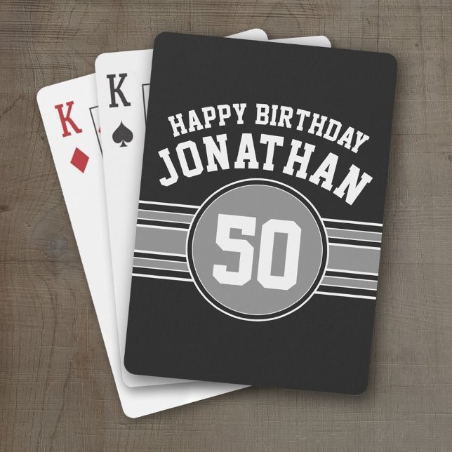 Happy Birthday Sports Stripes Age Silver Black Playing Cards (Personalized Playing Cards - Sporty Stripes)