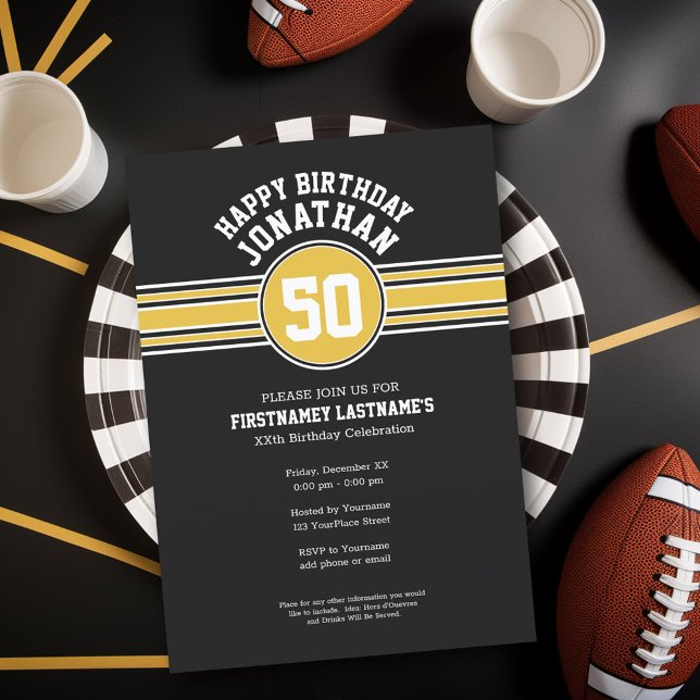 Happy Birthday Sports Stripes with Age Gold Black Invitation (Birthday Party Invitation - Sports Theme - Football Party Invitation)