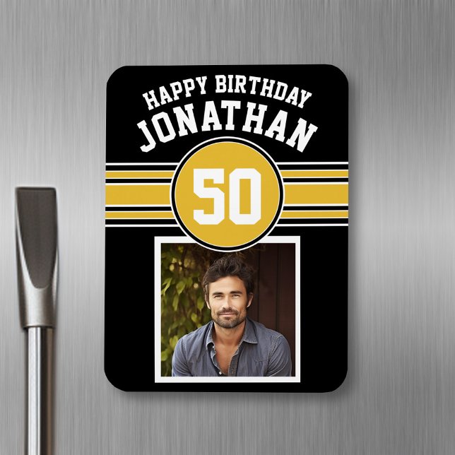Happy Birthday Sports Stripes with Age Gold Black Magnet (Personalized fridge magnet - sports photo with birthday theme)
