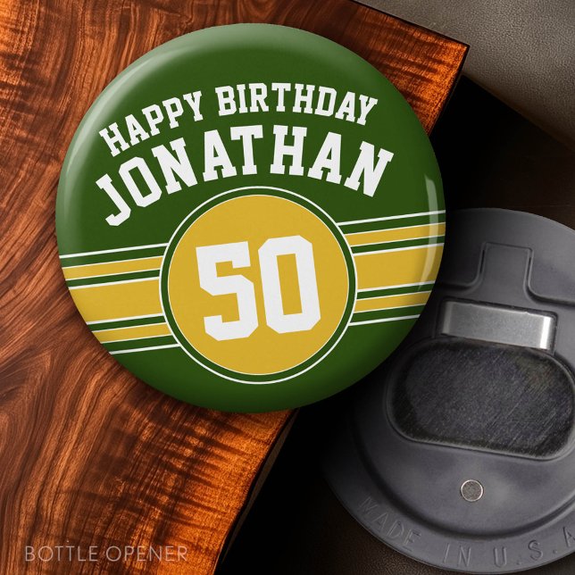 Happy Birthday Sports Stripes with Age Gold Green Bottle Opener (Custom Bottle Opener)