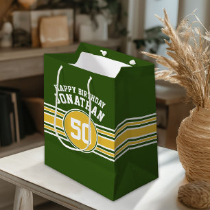 Happy Birthday Sports Stripes with Age Gold Green Medium Gift Bag