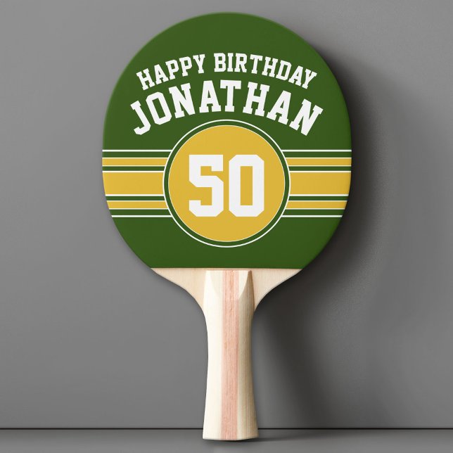 Happy Birthday Sports Stripes with Age Gold Green Ping Pong Paddle (Custom Ping Pong Paddle with a Sports Theme)