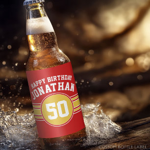 Happy Birthday Sports Stripes with Age Gold Red Beer Bottle Label