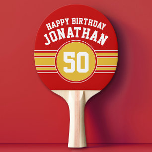 Happy Birthday Sports Stripes with Age Gold Red Ping Pong Paddle