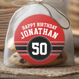 Happy Birthday Sports Stripes with Age - Red Black Classic Round Sticker