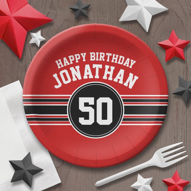 Happy Birthday Sports Stripes with Age - Red Black Paper Plate (Personalized party plates - sports theme for birthday or any occasion)