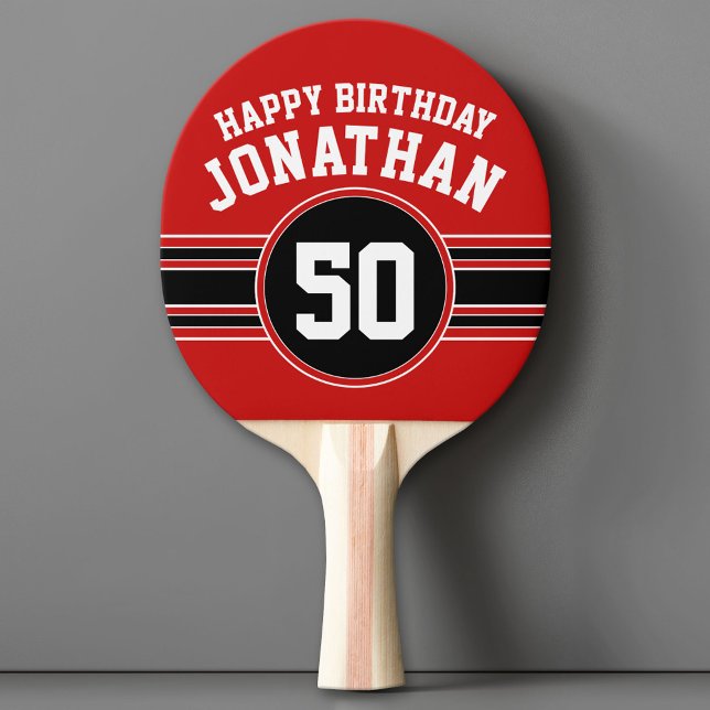 Happy Birthday Sports Stripes with Age Red Black Ping Pong Paddle (Custom Ping Pong Paddle with a Sports Theme)