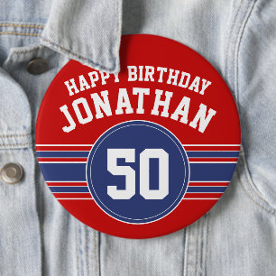 Happy Birthday Sports Stripes with Age - Red Blue 6 Cm Round Badge