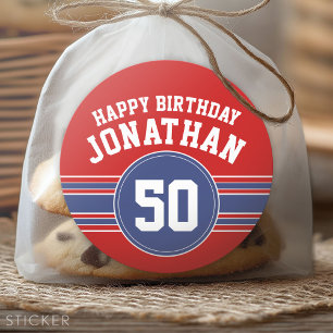 Happy Birthday Sports Stripes with Age - Red Blue Classic Round Sticker