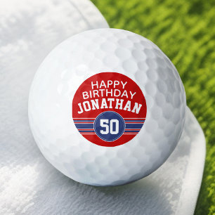 Happy Birthday Sports Stripes with Age - Red Blue Golf Balls