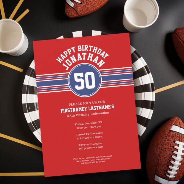 Happy Birthday Sports Stripes with Age - Red Blue Invitation (Birthday Party Invitation - Sports Theme - Football Party Invitation)