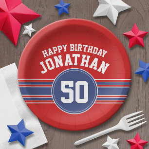 Happy Birthday Sports Stripes with Age - Red Blue Paper Plate