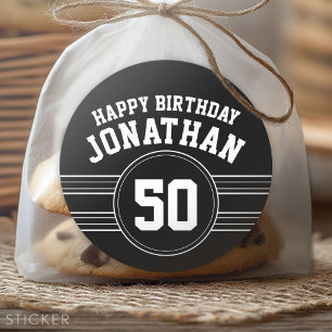 Happy Birthday Sports Stripes with Age White Black Classic Round Sticker
