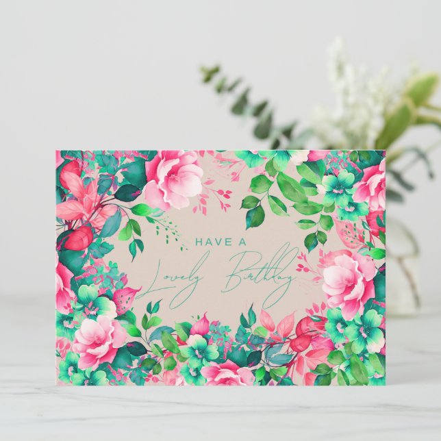Happy Birthday Spring Garden Floral Champagne  Card (Standing Front)