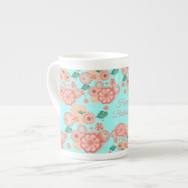 Happy Birthday - Spring Peach Flowers Garden Bone China Mug (Front Left)