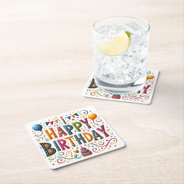 Happy Birthday Square Paper Coaster (Insitu)