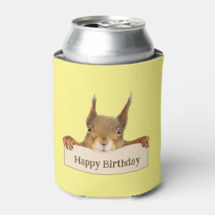 Happy Birthday Squirrel Holding Custom Sign Can Cooler