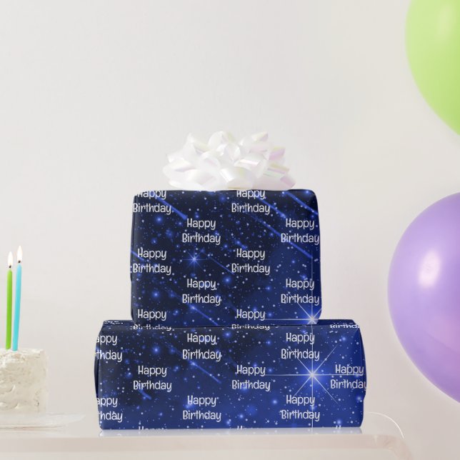 Happy Birthday Star Galaxy On Blue   Wrapping Paper (Party Gifts)