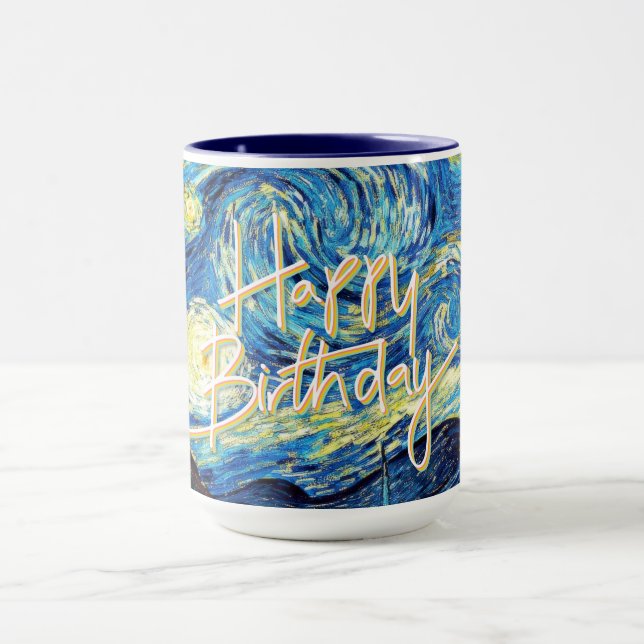Happy Birthday, Starry Night fine art, Mug (Center)