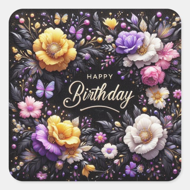 Happy Birthday Sticker: Elegant Black Square Sticker (Front)