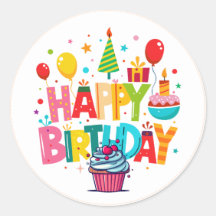 Happy Birthday Stickers, Round Shape