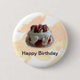 happy birthday strawberry, chocolate cake 6 cm round badge