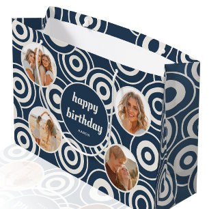 Happy Birthday Stylish Photo Collage Retro Blue Large Gift Bag