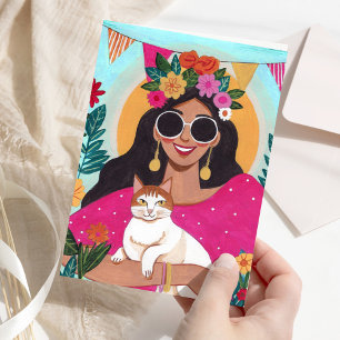 Happy Birthday Stylish Woman with Cat Floral Card