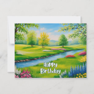 Happy Birthday Summer Landscape, River Postcard