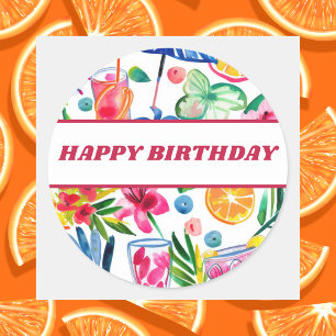 Happy Birthday Summer Watercolor Classic Round Sticker