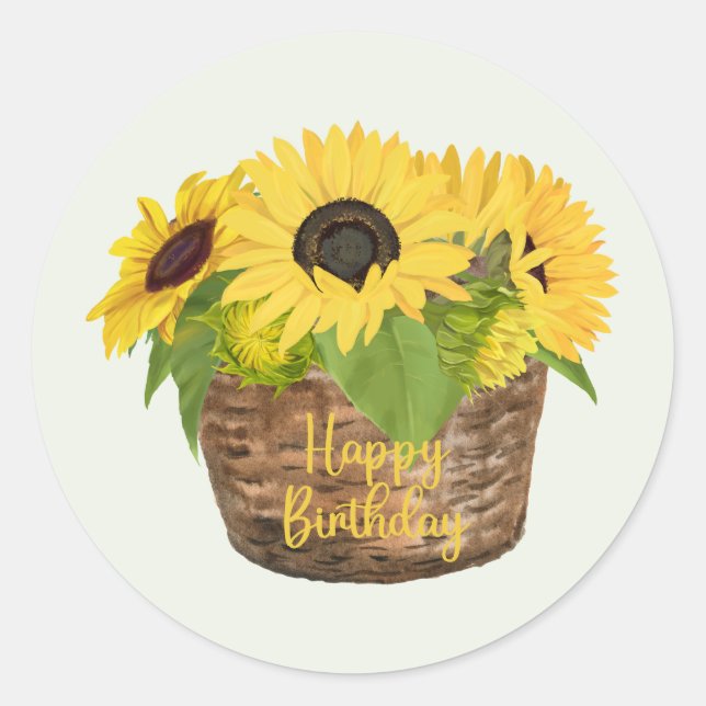 Happy Birthday Sunflower Basket   Classic Round Sticker (Front)